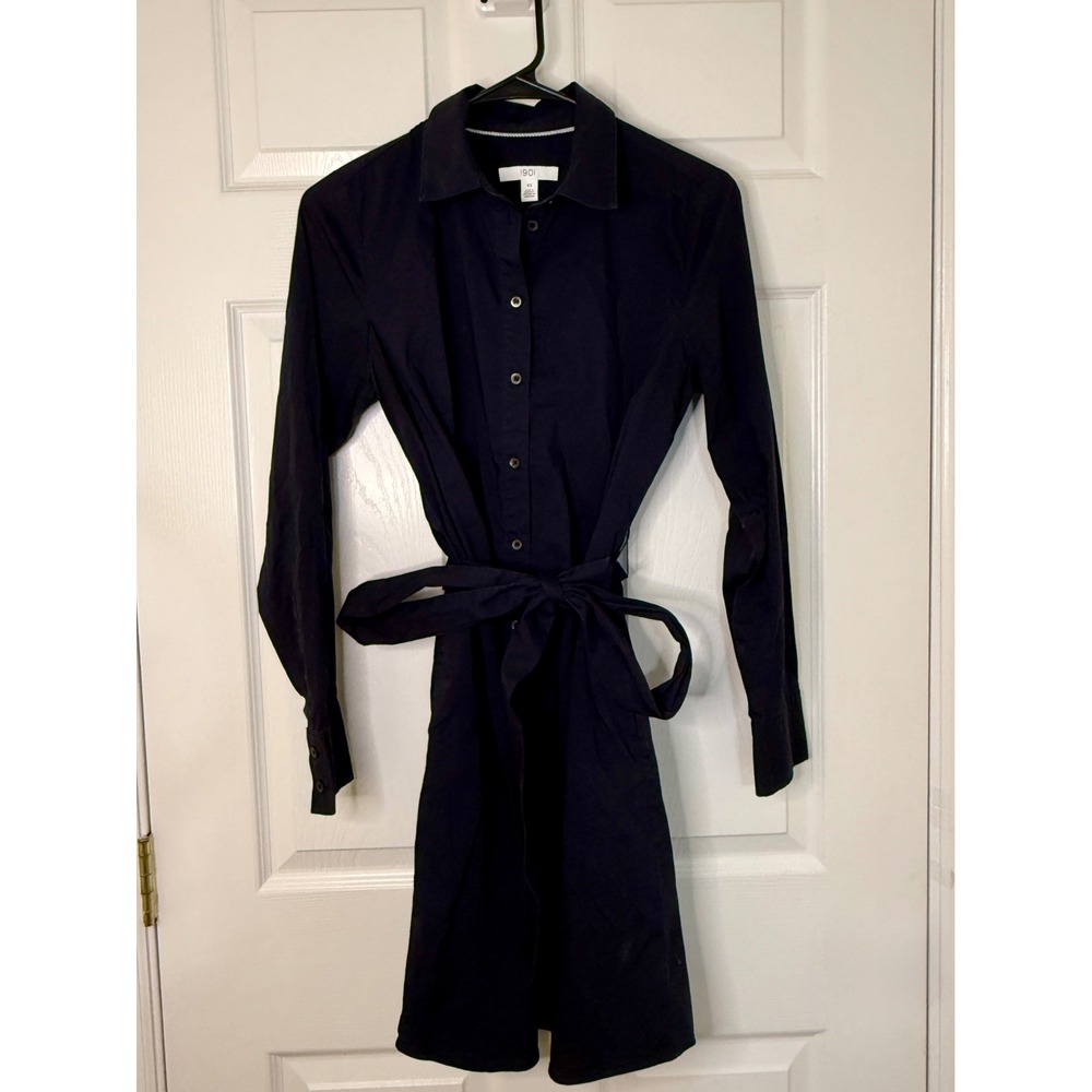 1901 Shirt‎ Dress Womens XS Navy Blue Preppy Tie Waist Button Front